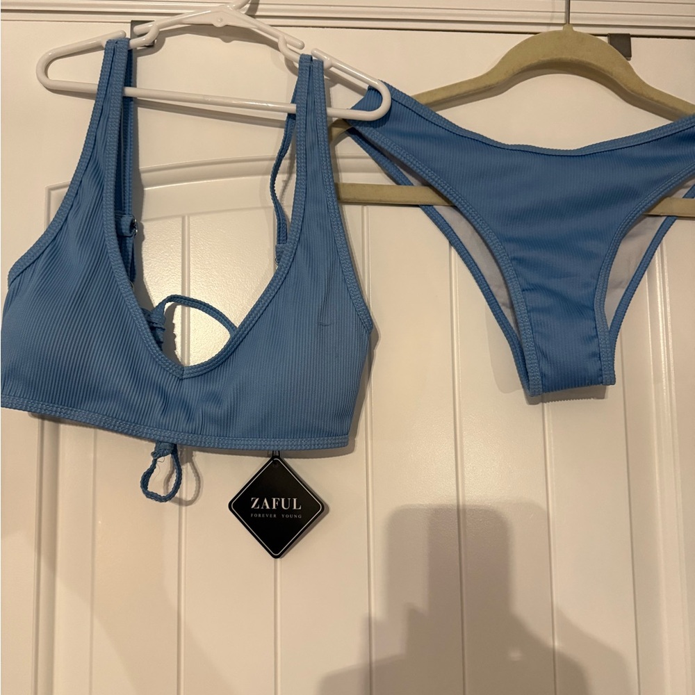 Zaful Light Blue Ribbed Bikini Set